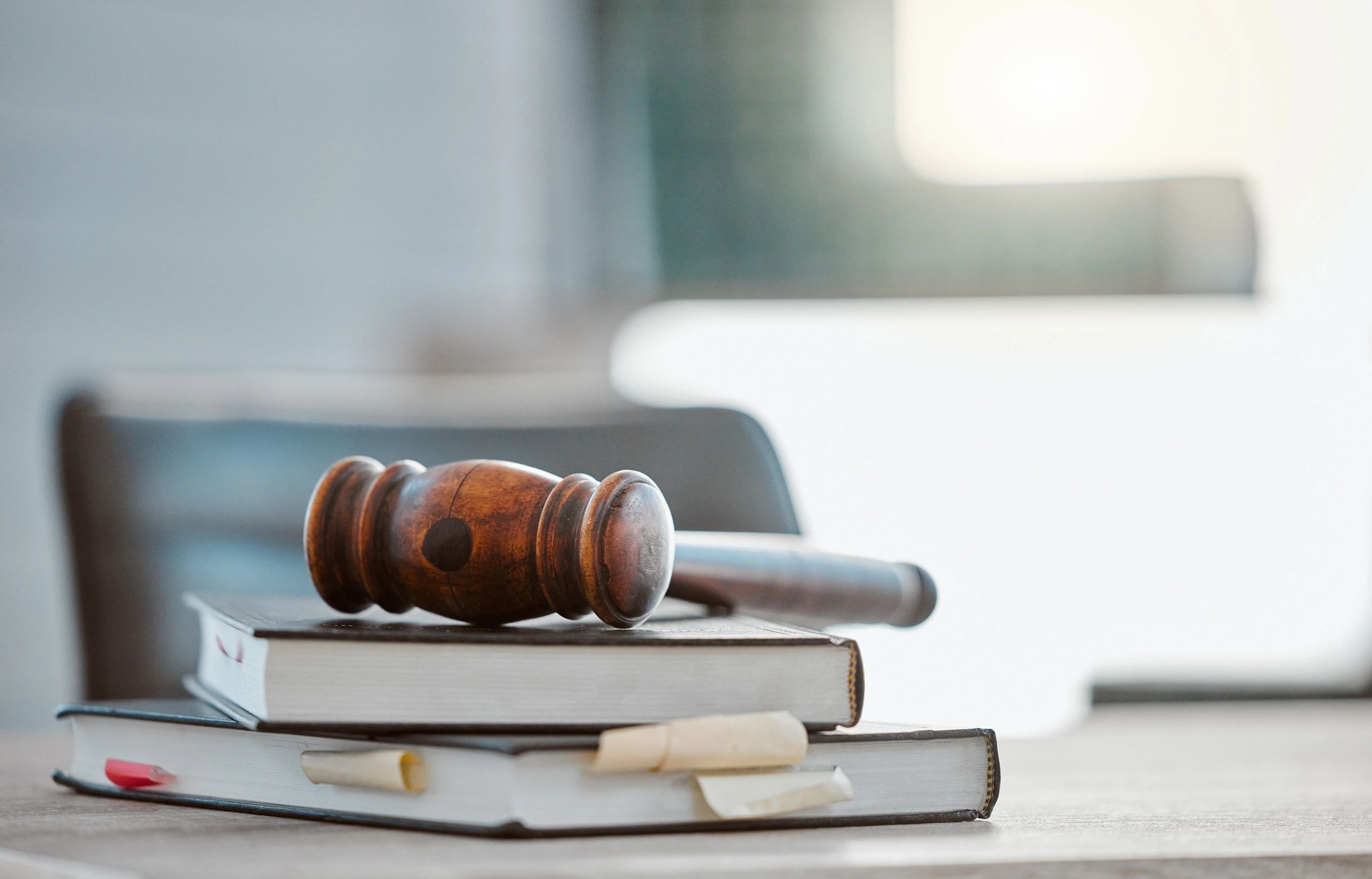Gavel and law books on a table